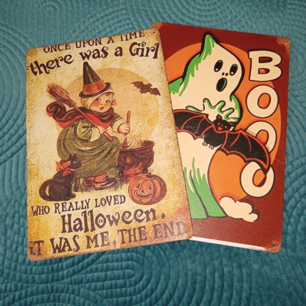 2 HALLOWEEN Metal Signs Witch and Ghost Decorative